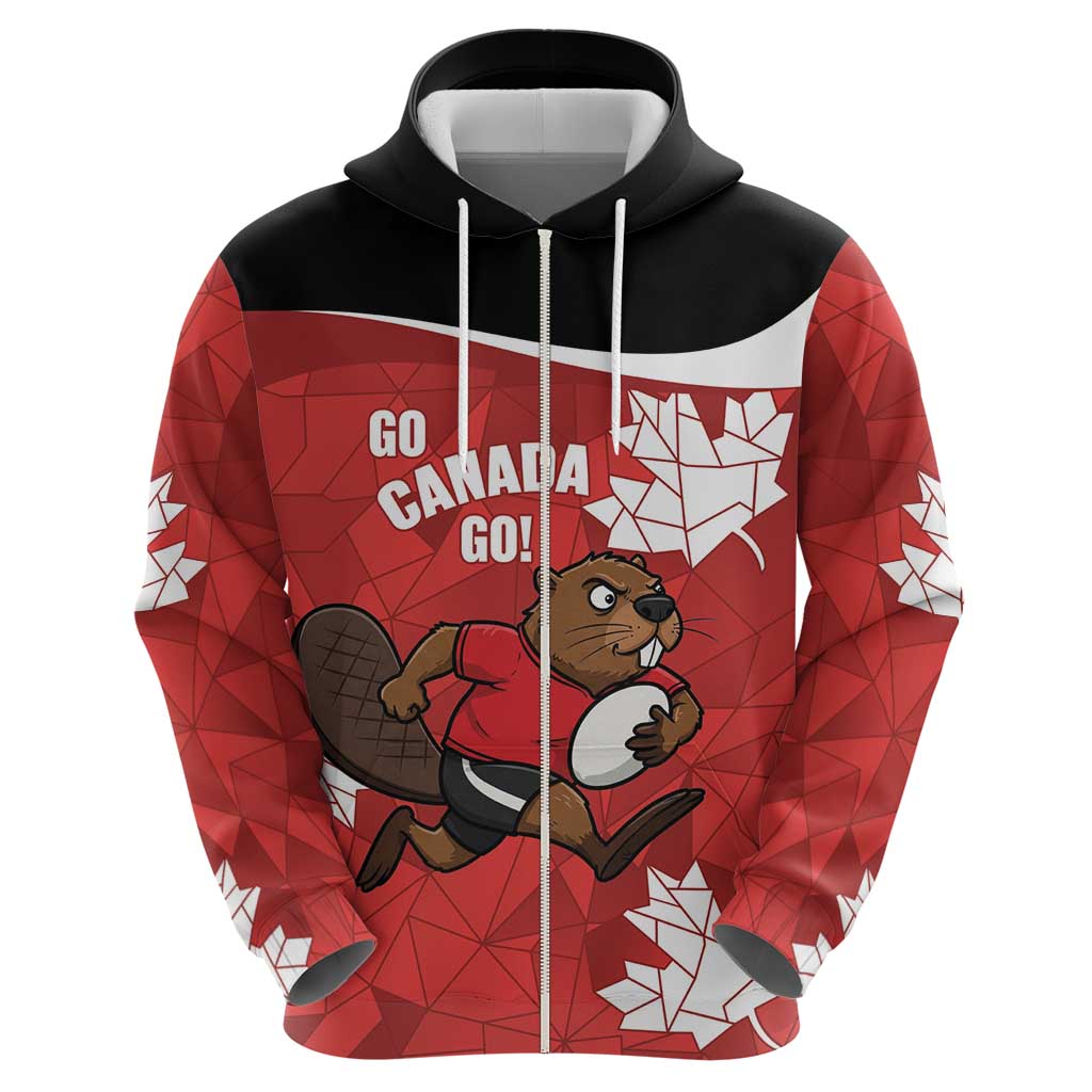 Canada Rugby Custom Zip Hoodie Beaver Mascot Go Canadian