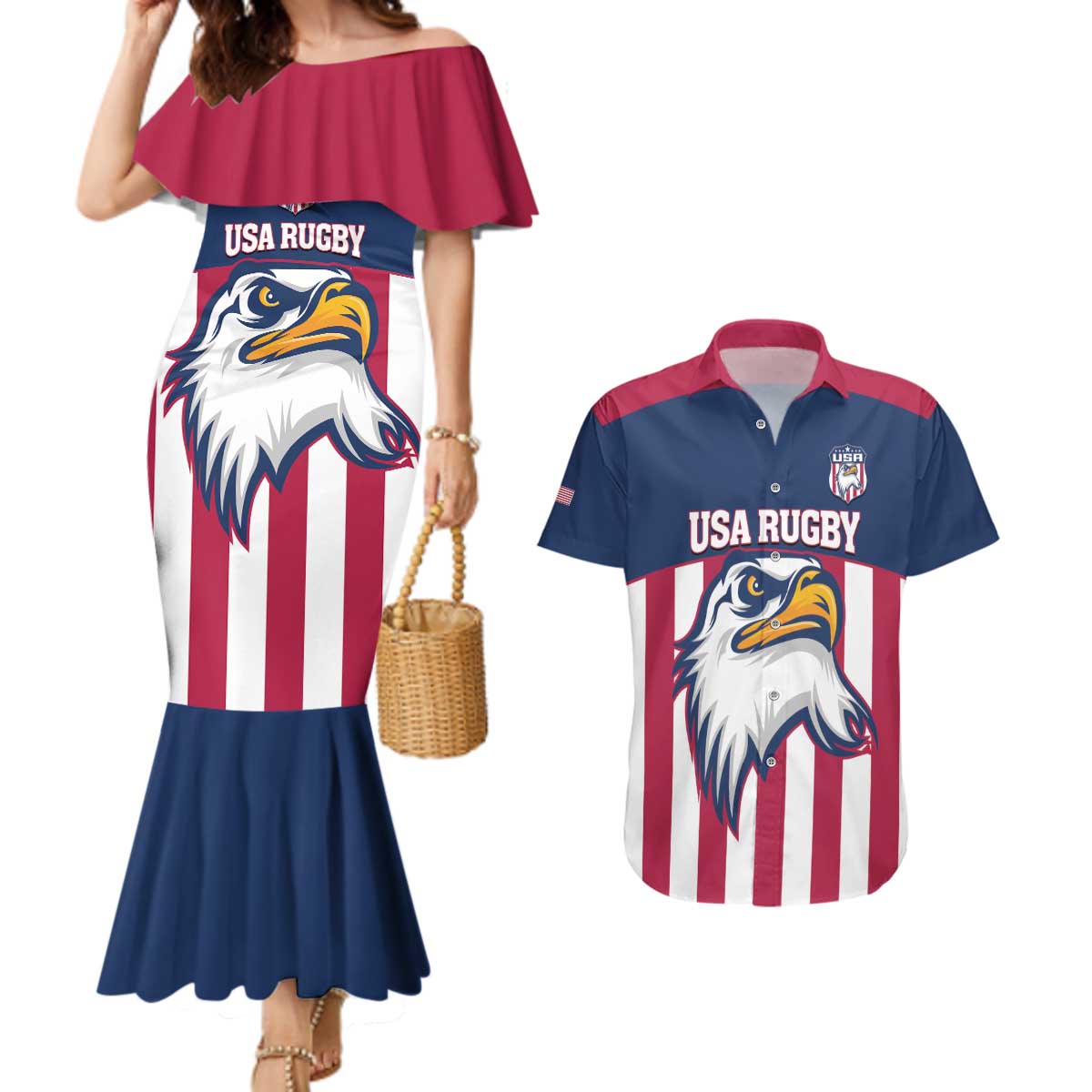 USA 2025 Rugby Custom Couples Matching Mermaid Dress and Hawaiian Shirt Come On Eagle
