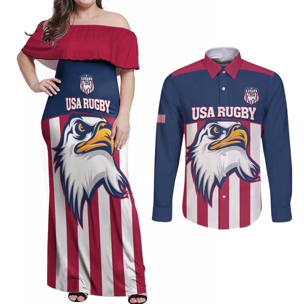USA 2025 Rugby Custom Couples Matching Off Shoulder Maxi Dress and Long Sleeve Button Shirt Come On Eagle