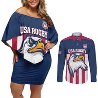 USA 2025 Rugby Custom Couples Matching Off Shoulder Short Dress and Long Sleeve Button Shirt Come On Eagle
