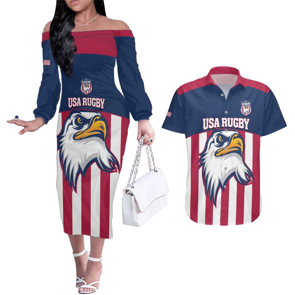 USA 2025 Rugby Custom Couples Matching Off The Shoulder Long Sleeve Dress and Hawaiian Shirt Come On Eagle