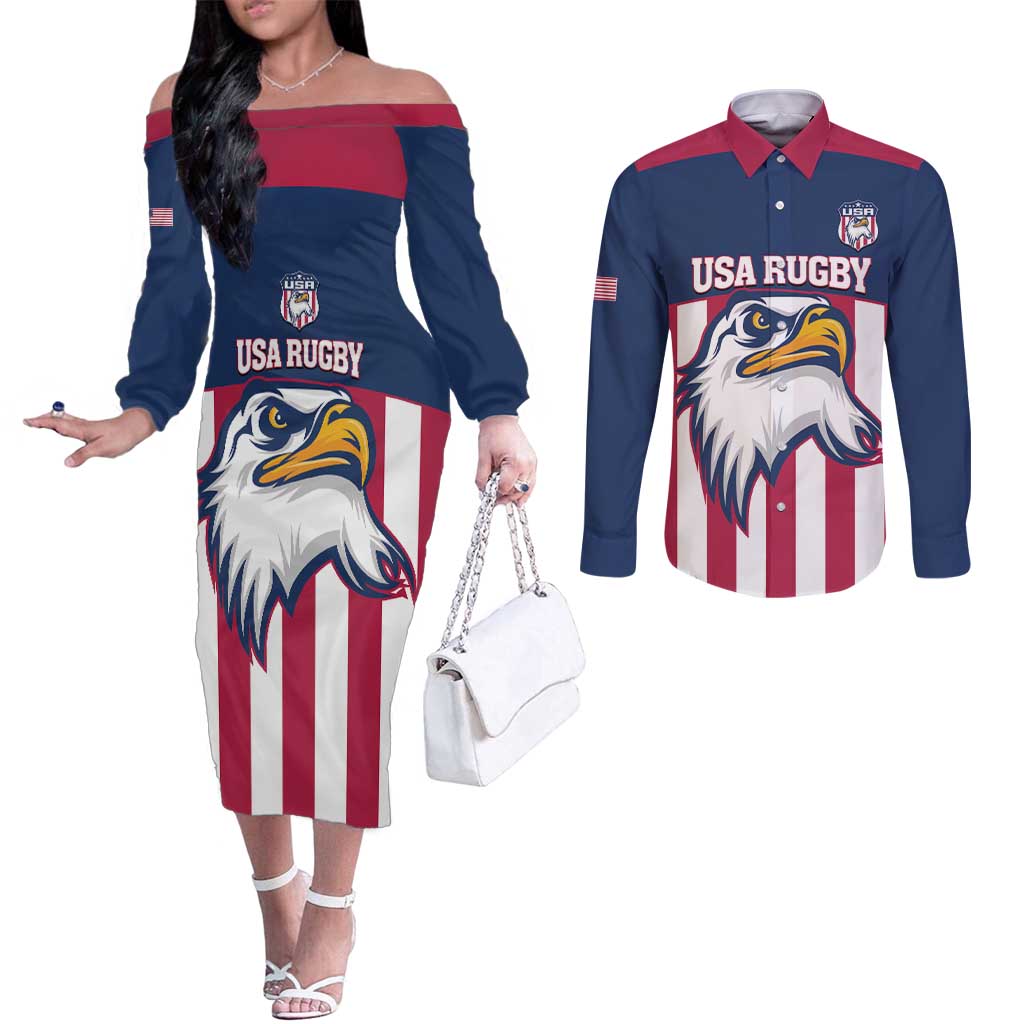 USA 2025 Rugby Custom Couples Matching Off The Shoulder Long Sleeve Dress and Long Sleeve Button Shirt Come On Eagle