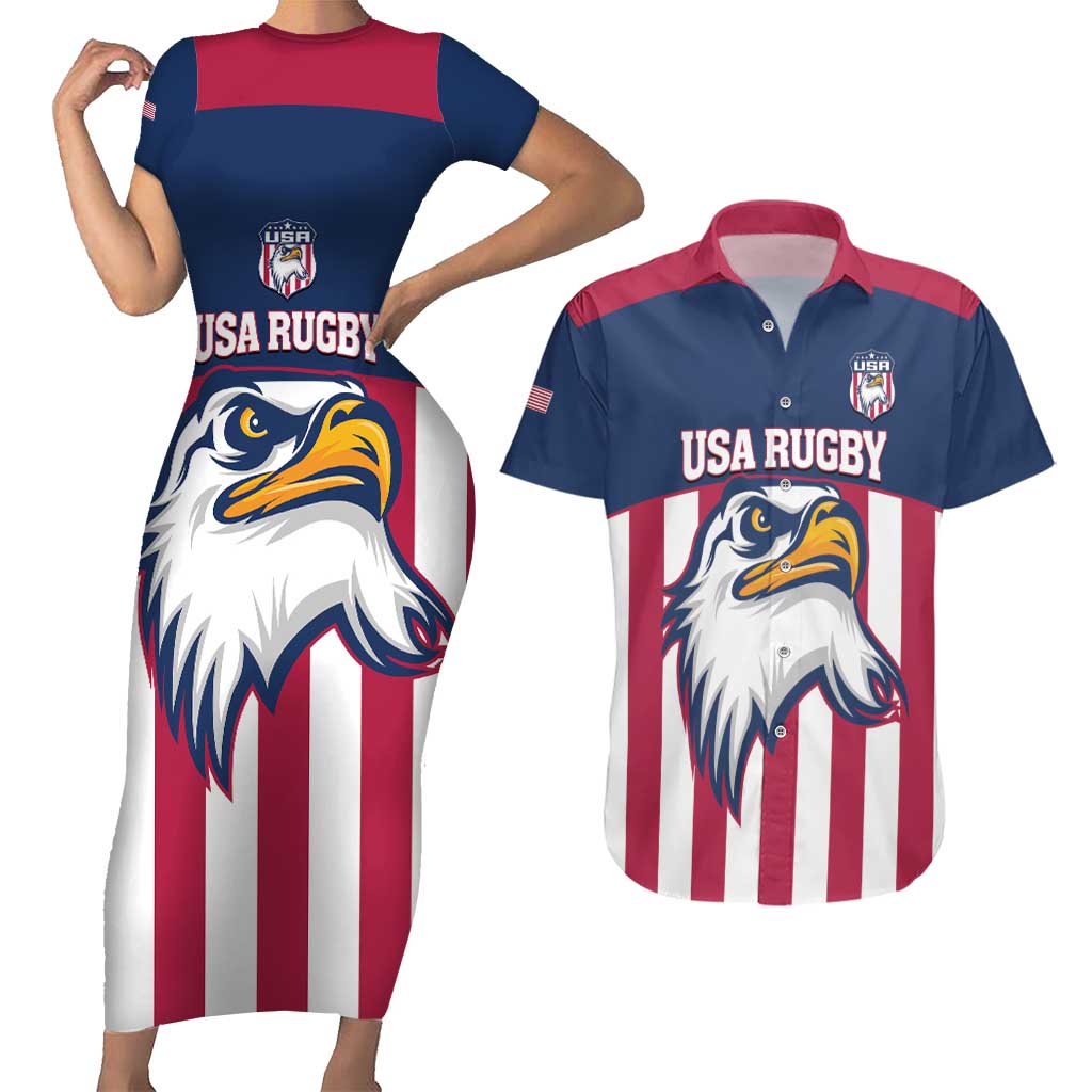 USA 2025 Rugby Custom Couples Matching Short Sleeve Bodycon Dress and Hawaiian Shirt Come On Eagle