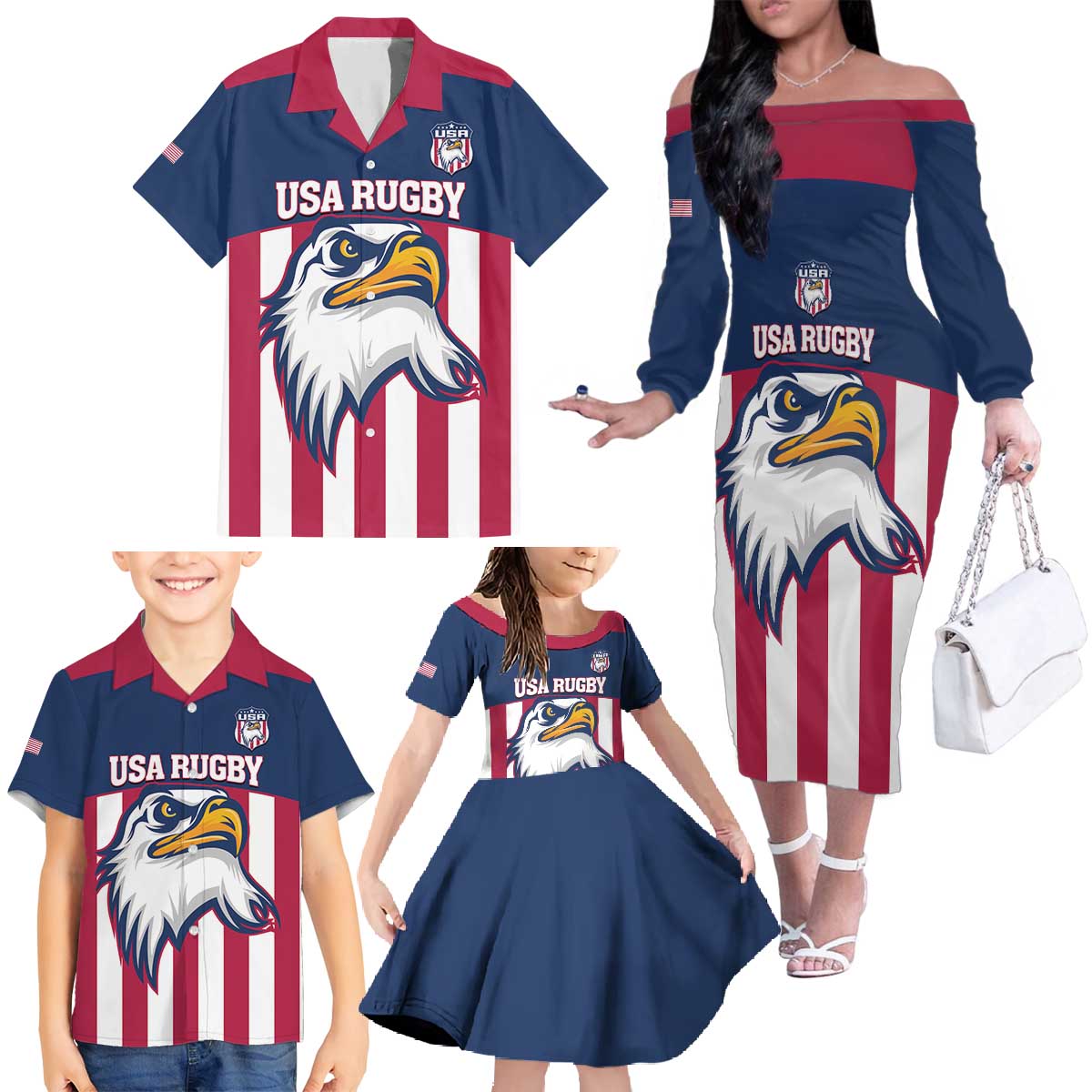 USA 2025 Rugby Custom Family Matching Off The Shoulder Long Sleeve Dress and Hawaiian Shirt Come On Eagle