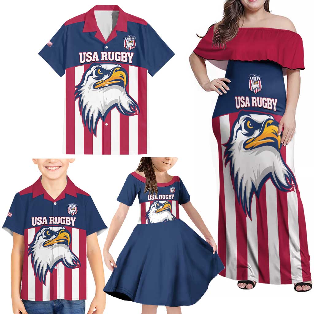 USA 2025 Rugby Custom Family Matching Off Shoulder Maxi Dress and Hawaiian Shirt Come On Eagle