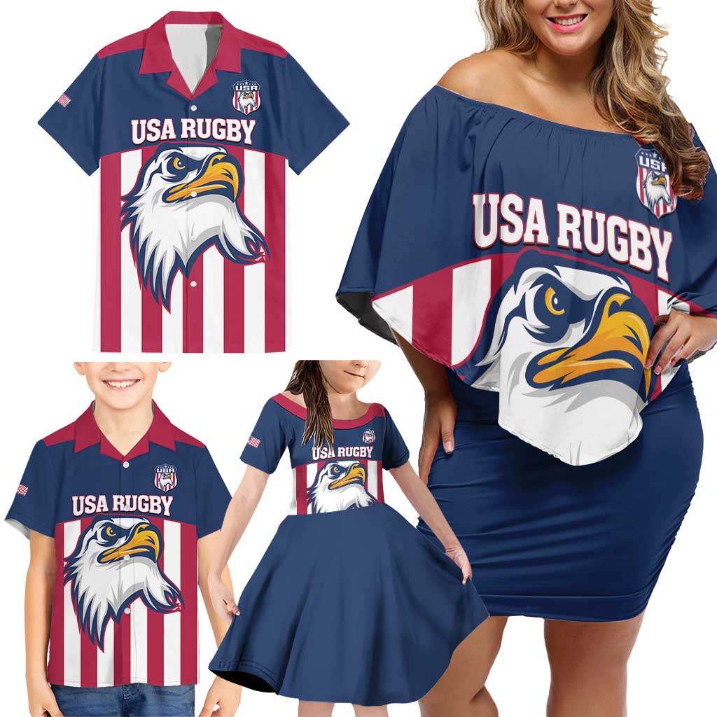 USA 2025 Rugby Custom Family Matching Off Shoulder Short Dress and Hawaiian Shirt Come On Eagle