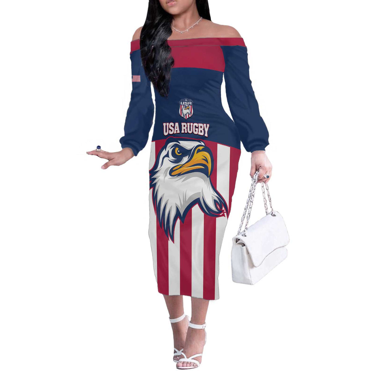USA 2025 Rugby Custom Off The Shoulder Long Sleeve Dress Come On Eagle