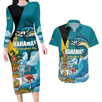 The Bahamas Independence Day Couples Matching Long Sleeve Bodycon Dress and Hawaiian Shirt Bahamian Blue Marlin National Color