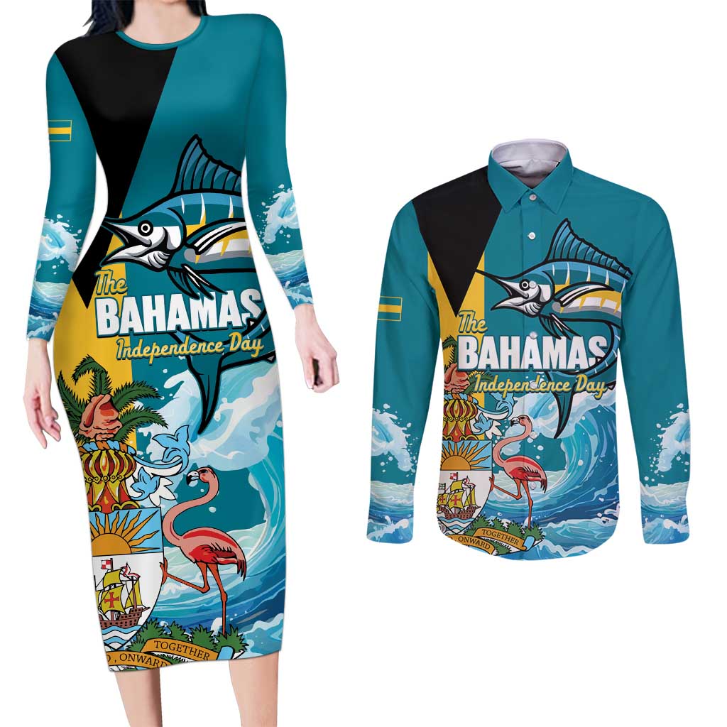The Bahamas Independence Day Couples Matching Long Sleeve Bodycon Dress and Long Sleeve Button Shirt Bahamian Blue Marlin National Color