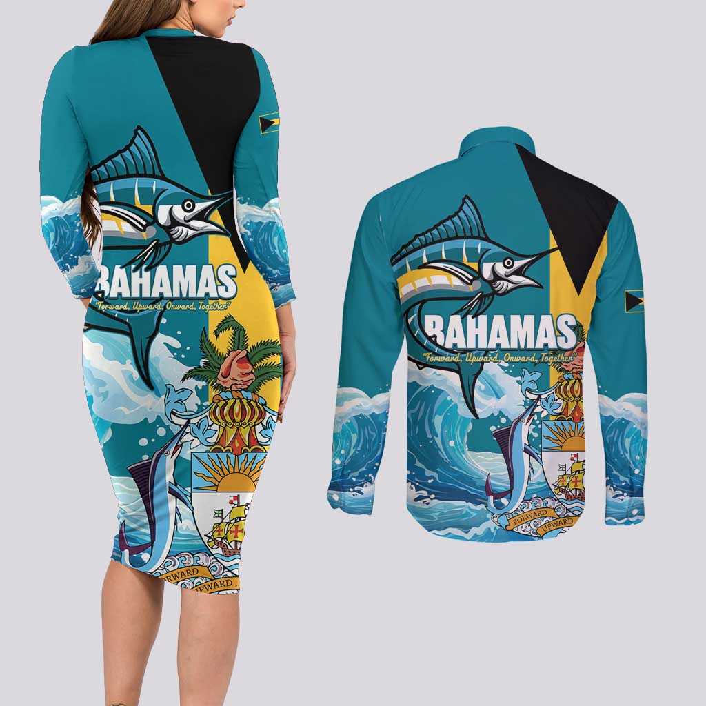 The Bahamas Independence Day Couples Matching Long Sleeve Bodycon Dress and Long Sleeve Button Shirt Bahamian Blue Marlin National Color