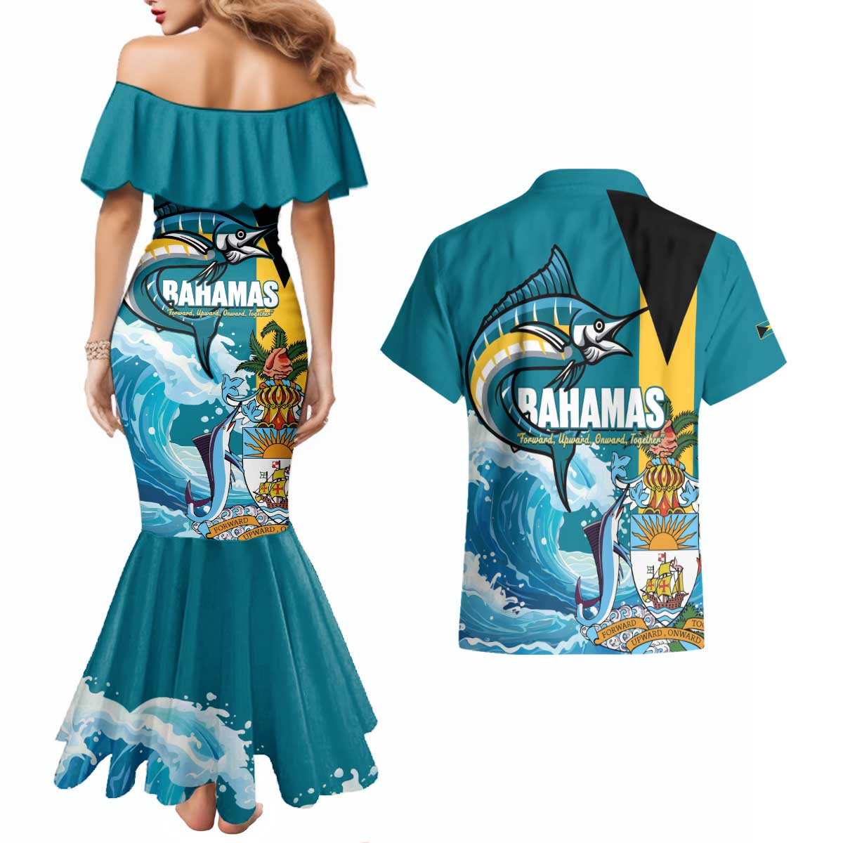 The Bahamas Independence Day Couples Matching Mermaid Dress and Hawaiian Shirt Bahamian Blue Marlin National Color