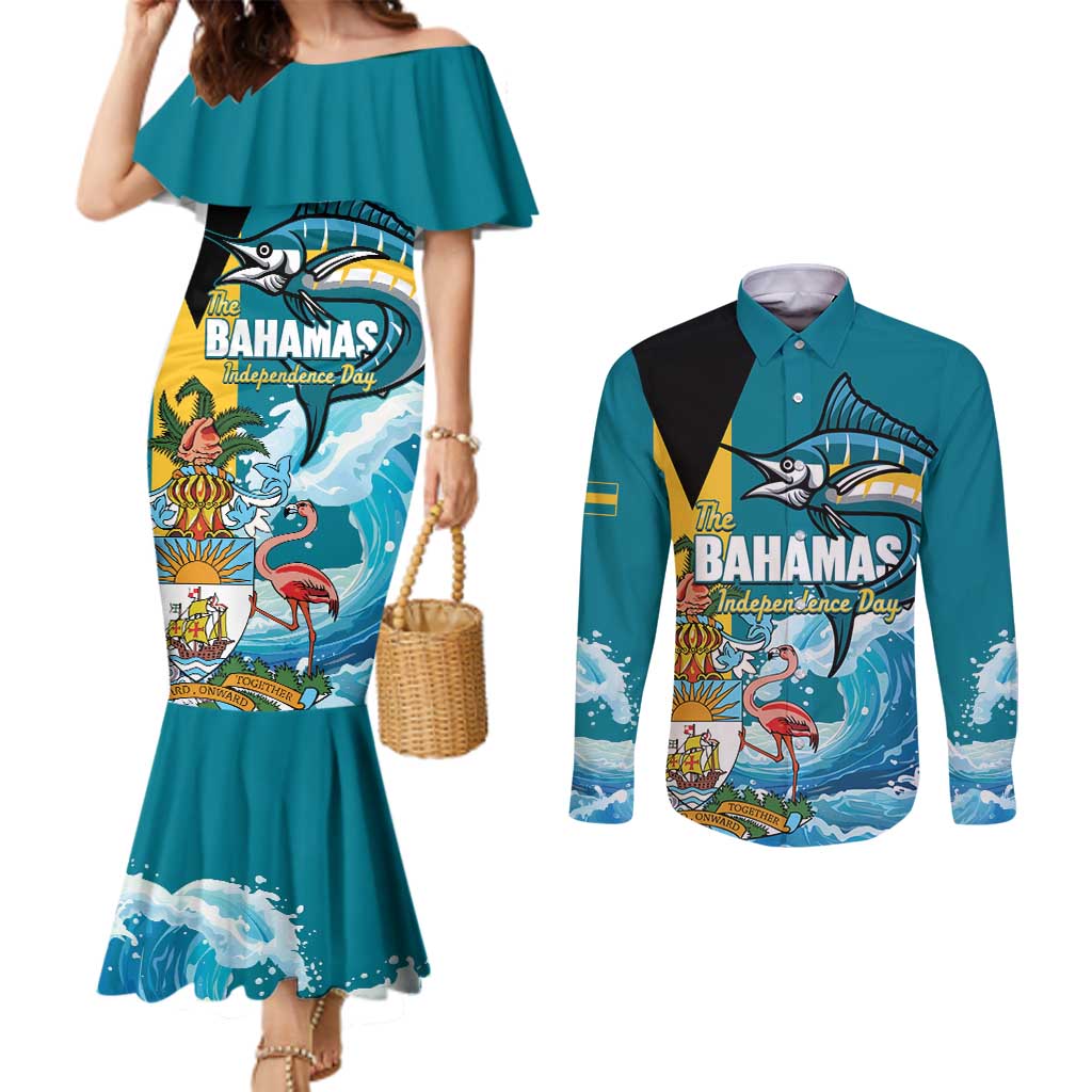 The Bahamas Independence Day Couples Matching Mermaid Dress and Long Sleeve Button Shirt Bahamian Blue Marlin National Color
