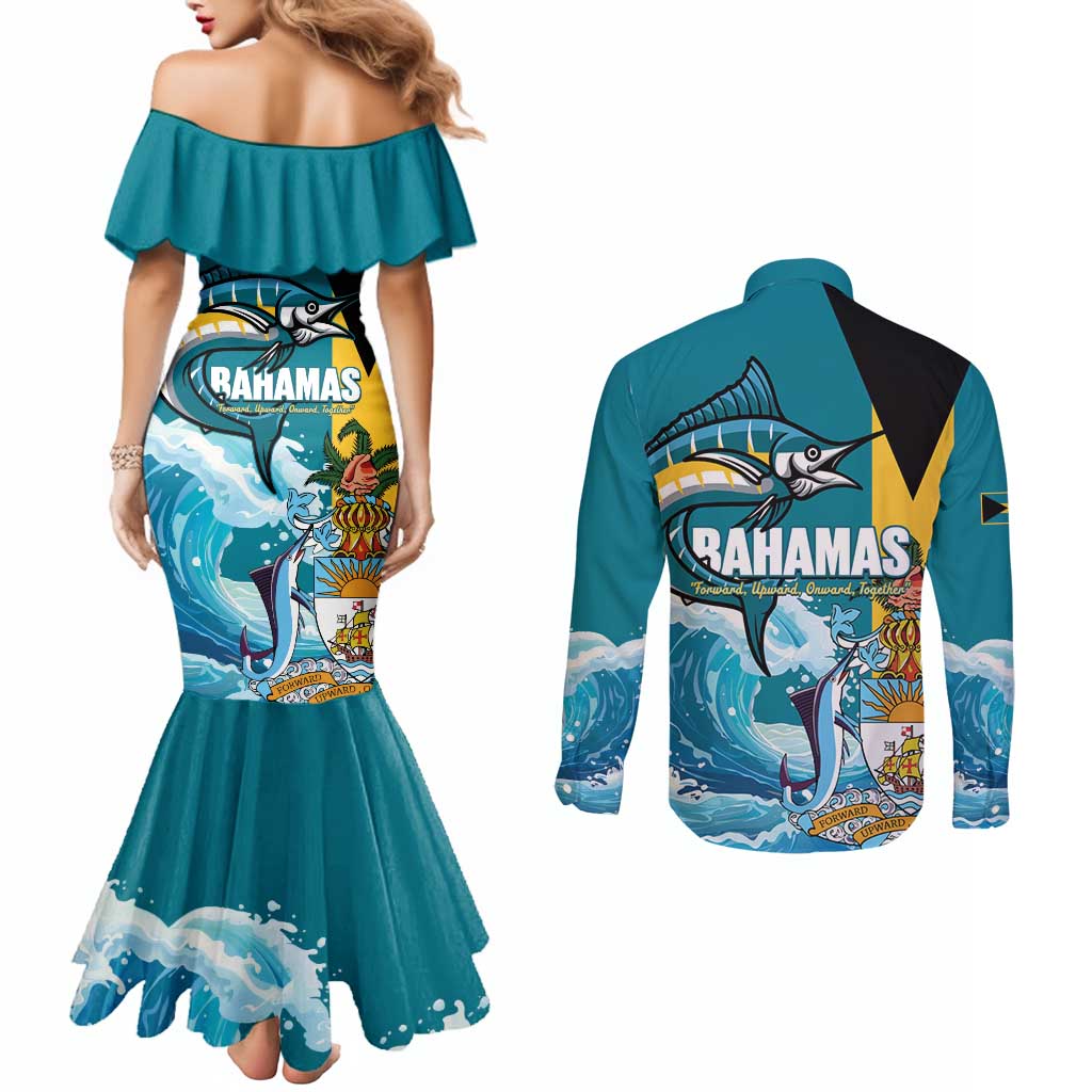 The Bahamas Independence Day Couples Matching Mermaid Dress and Long Sleeve Button Shirt Bahamian Blue Marlin National Color