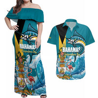 The Bahamas Independence Day Couples Matching Off Shoulder Maxi Dress and Hawaiian Shirt Bahamian Blue Marlin National Color