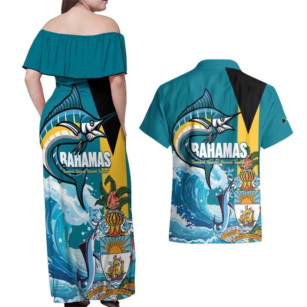 The Bahamas Independence Day Couples Matching Off Shoulder Maxi Dress and Hawaiian Shirt Bahamian Blue Marlin National Color