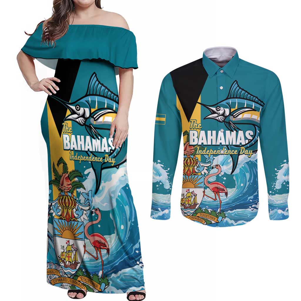 The Bahamas Independence Day Couples Matching Off Shoulder Maxi Dress and Long Sleeve Button Shirt Bahamian Blue Marlin National Color