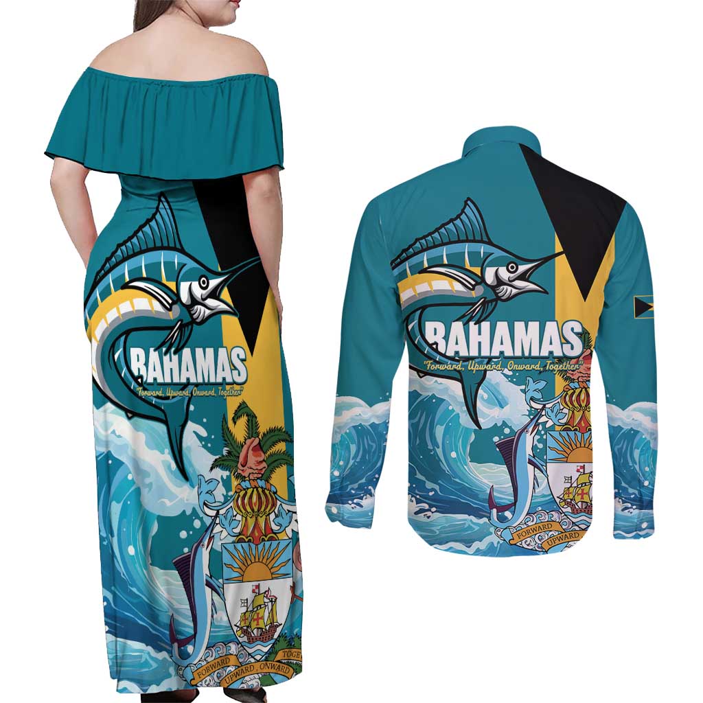 The Bahamas Independence Day Couples Matching Off Shoulder Maxi Dress and Long Sleeve Button Shirt Bahamian Blue Marlin National Color
