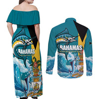 The Bahamas Independence Day Couples Matching Off Shoulder Maxi Dress and Long Sleeve Button Shirt Bahamian Blue Marlin National Color