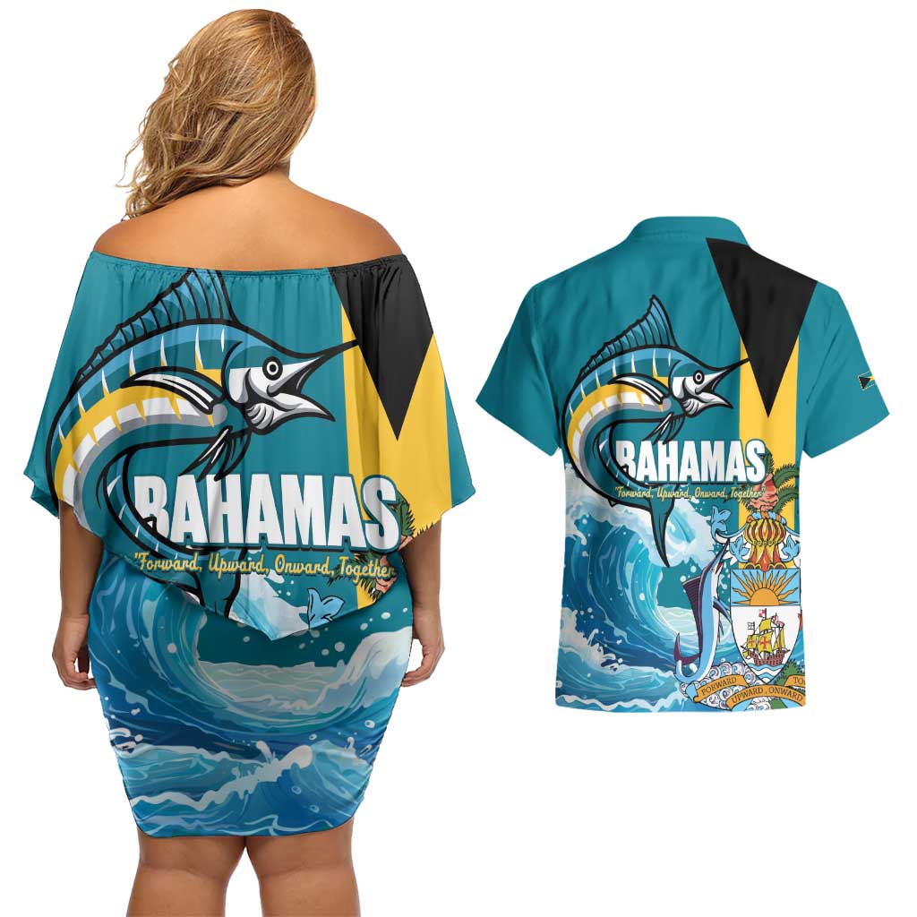 The Bahamas Independence Day Couples Matching Off Shoulder Short Dress and Hawaiian Shirt Bahamian Blue Marlin National Color