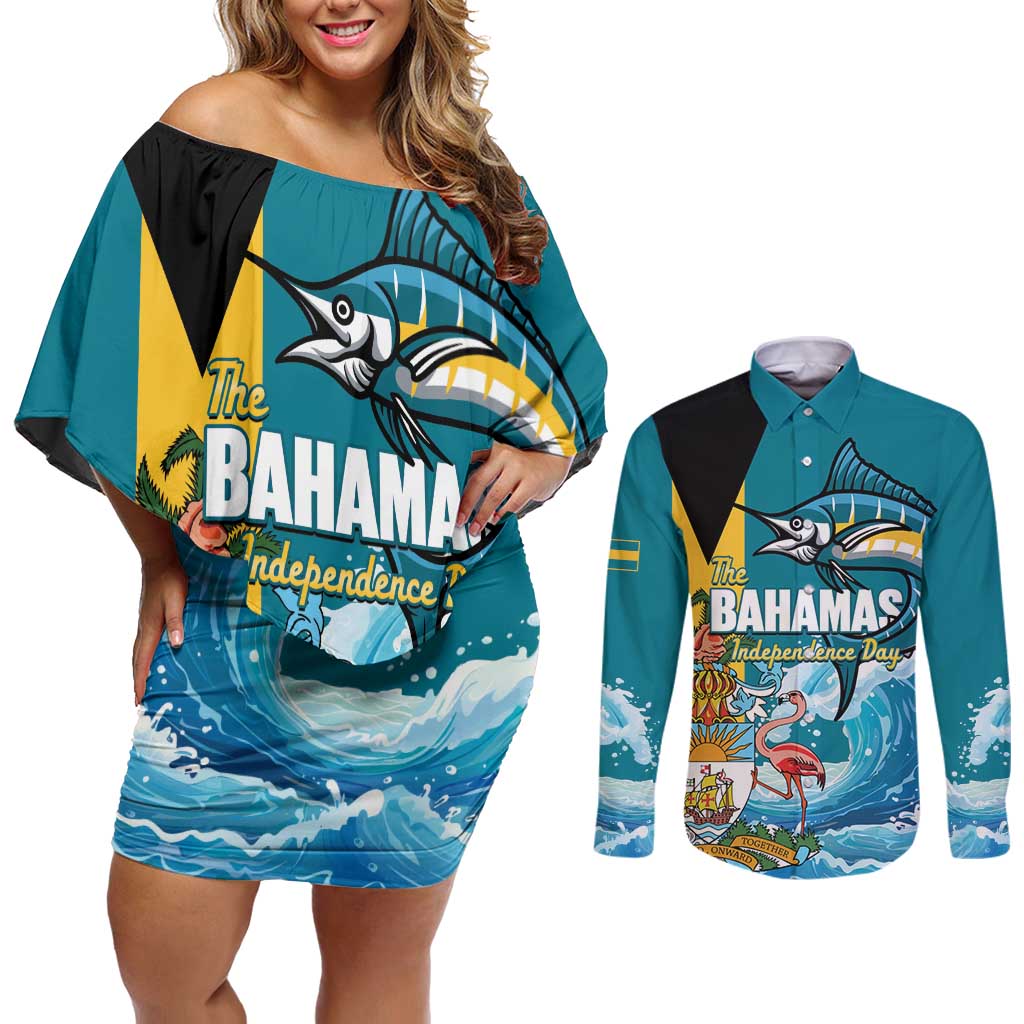 The Bahamas Independence Day Couples Matching Off Shoulder Short Dress and Long Sleeve Button Shirt Bahamian Blue Marlin National Color