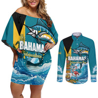 The Bahamas Independence Day Couples Matching Off Shoulder Short Dress and Long Sleeve Button Shirt Bahamian Blue Marlin National Color