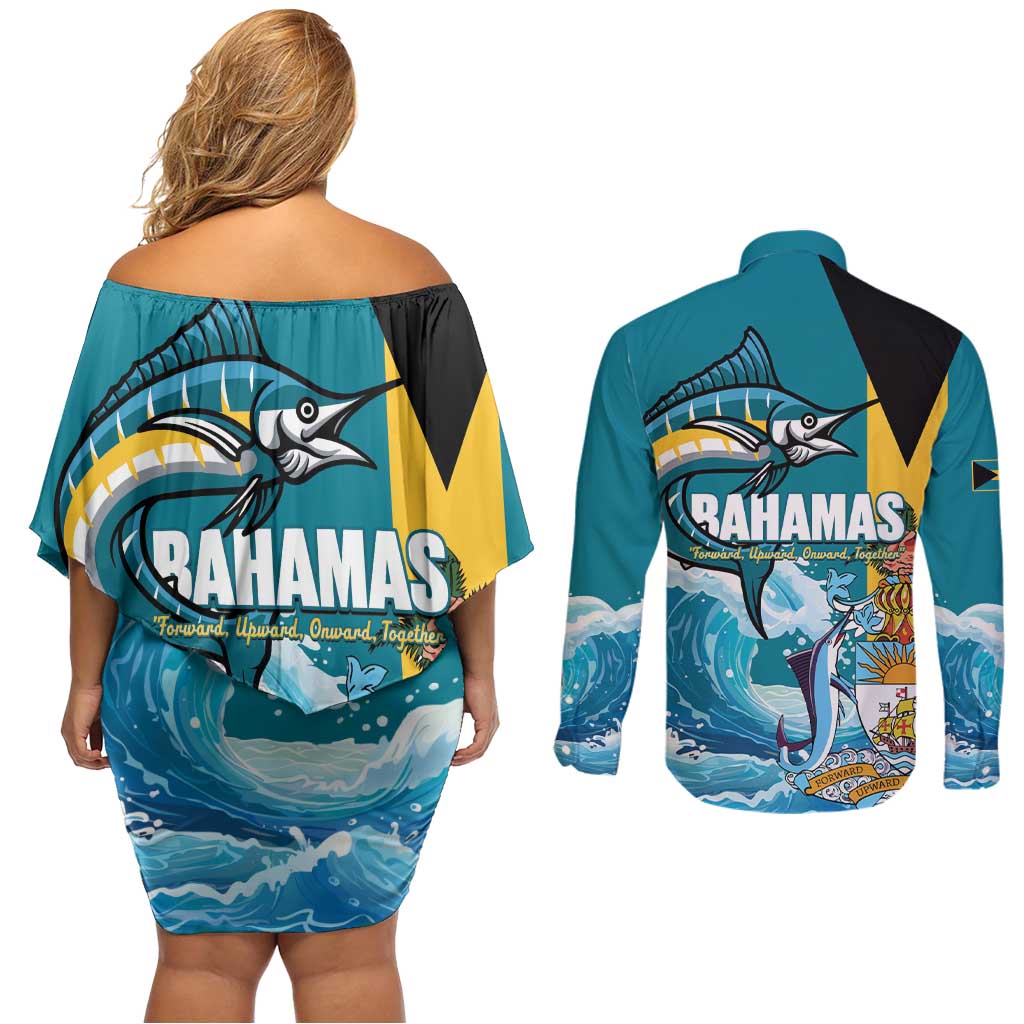 The Bahamas Independence Day Couples Matching Off Shoulder Short Dress and Long Sleeve Button Shirt Bahamian Blue Marlin National Color
