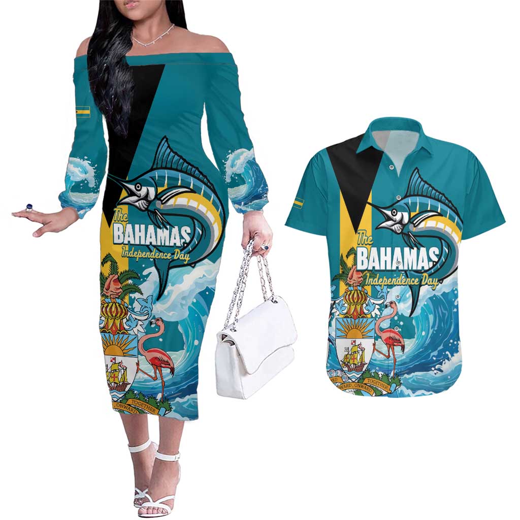 The Bahamas Independence Day Couples Matching Off The Shoulder Long Sleeve Dress and Hawaiian Shirt Bahamian Blue Marlin National Color