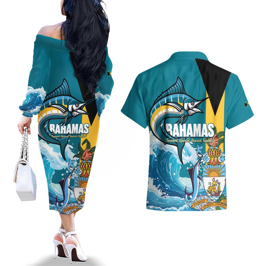 The Bahamas Independence Day Couples Matching Off The Shoulder Long Sleeve Dress and Hawaiian Shirt Bahamian Blue Marlin National Color