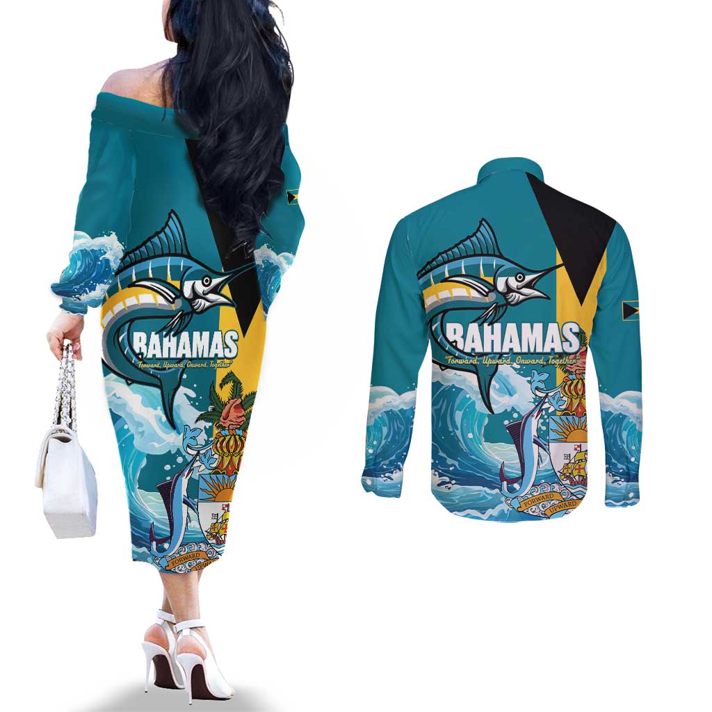 The Bahamas Independence Day Couples Matching Off The Shoulder Long Sleeve Dress and Long Sleeve Button Shirt Bahamian Blue Marlin National Color