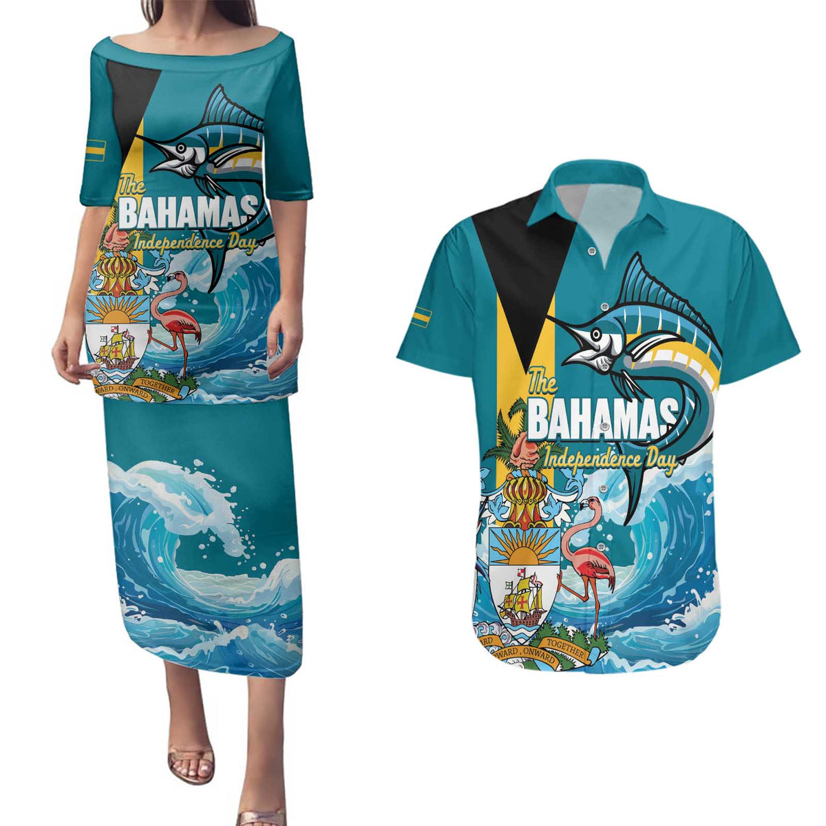 The Bahamas Independence Day Couples Matching Puletasi and Hawaiian Shirt Bahamian Blue Marlin National Color