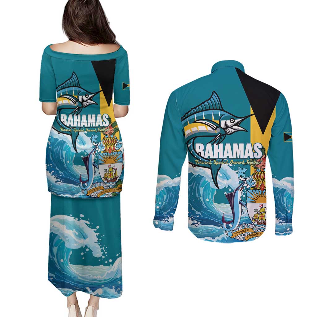 The Bahamas Independence Day Couples Matching Puletasi and Long Sleeve Button Shirt Bahamian Blue Marlin National Color