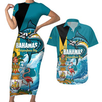 The Bahamas Independence Day Couples Matching Short Sleeve Bodycon Dress and Hawaiian Shirt Bahamian Blue Marlin National Color