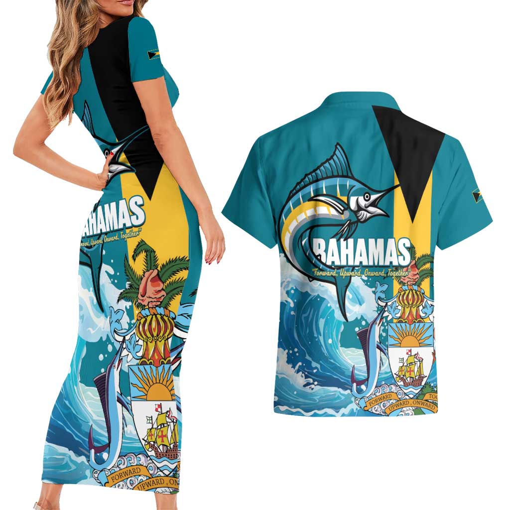 The Bahamas Independence Day Couples Matching Short Sleeve Bodycon Dress and Hawaiian Shirt Bahamian Blue Marlin National Color