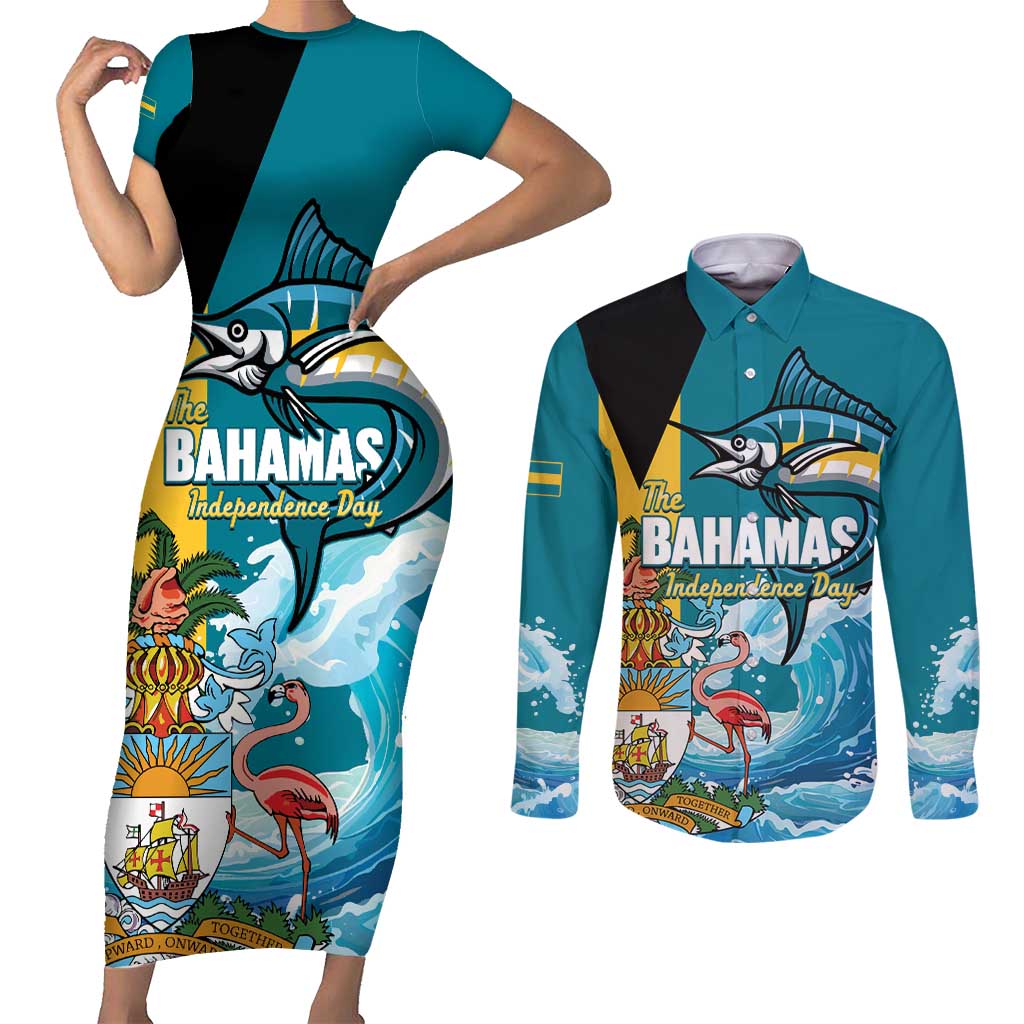 The Bahamas Independence Day Couples Matching Short Sleeve Bodycon Dress and Long Sleeve Button Shirt Bahamian Blue Marlin National Color