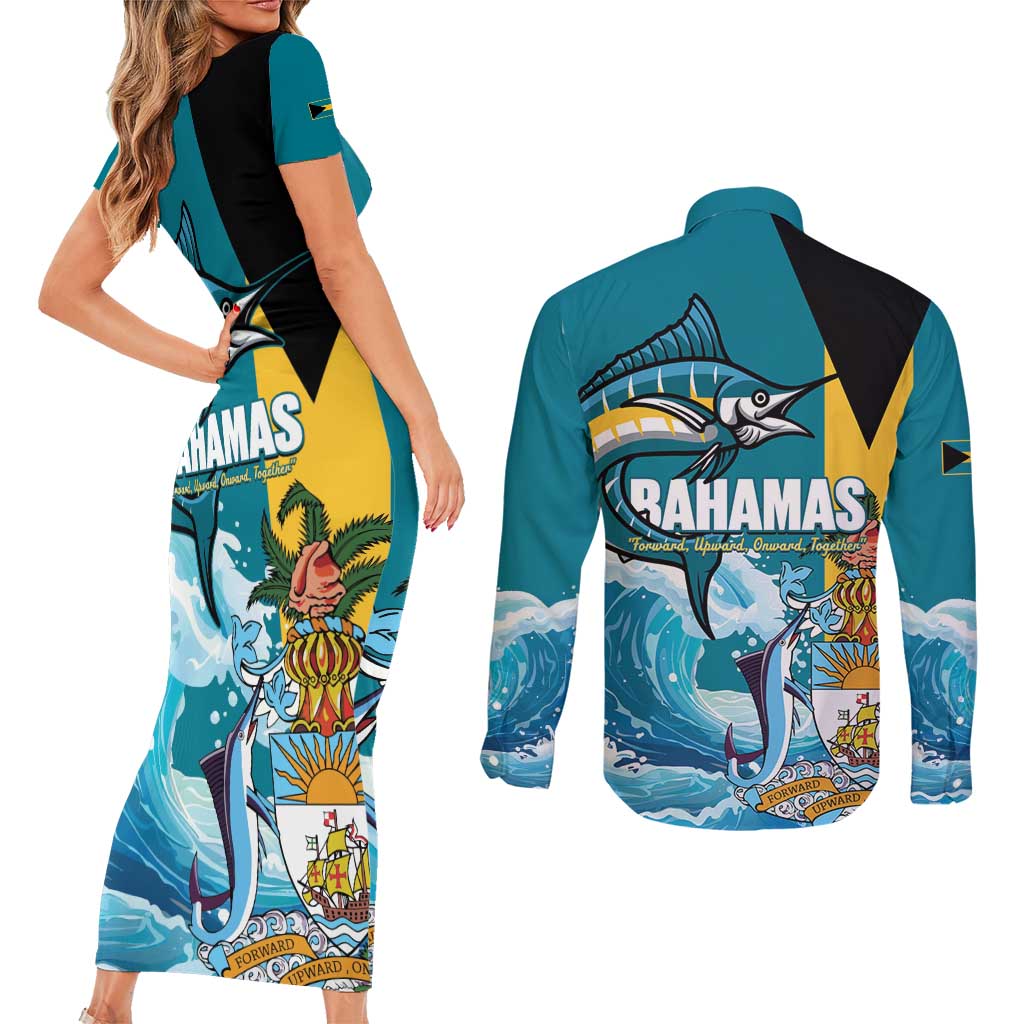 The Bahamas Independence Day Couples Matching Short Sleeve Bodycon Dress and Long Sleeve Button Shirt Bahamian Blue Marlin National Color