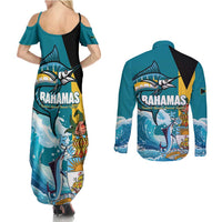The Bahamas Independence Day Couples Matching Summer Maxi Dress and Long Sleeve Button Shirt Bahamian Blue Marlin National Color