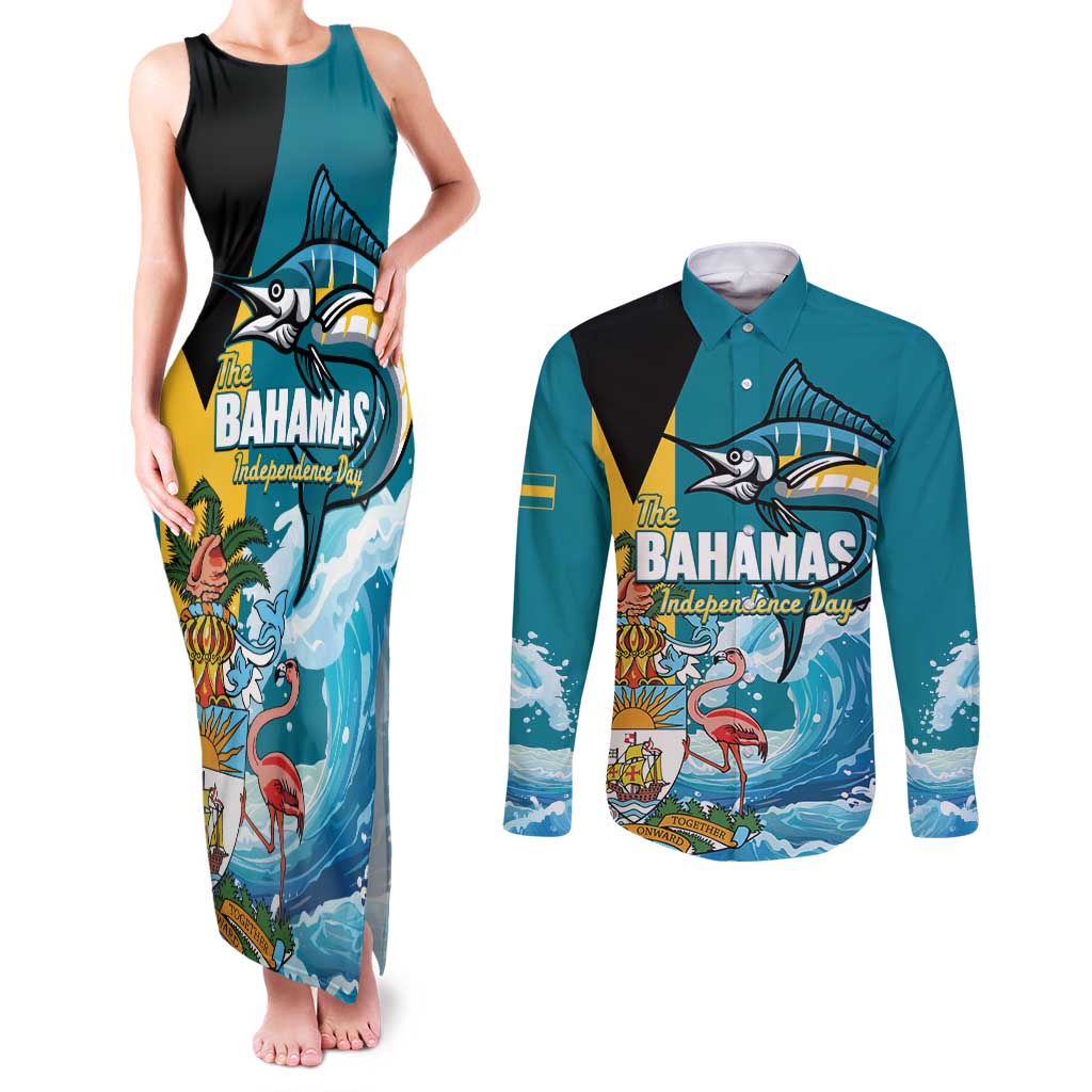 The Bahamas Independence Day Couples Matching Tank Maxi Dress and Long Sleeve Button Shirt Bahamian Blue Marlin National Color