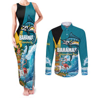 The Bahamas Independence Day Couples Matching Tank Maxi Dress and Long Sleeve Button Shirt Bahamian Blue Marlin National Color