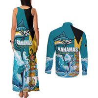 The Bahamas Independence Day Couples Matching Tank Maxi Dress and Long Sleeve Button Shirt Bahamian Blue Marlin National Color