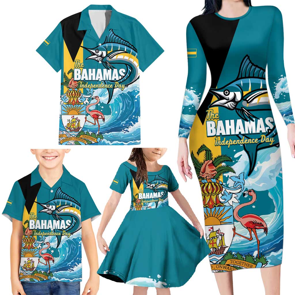 The Bahamas Independence Day Family Matching Long Sleeve Bodycon Dress and Hawaiian Shirt Bahamian Blue Marlin National Color