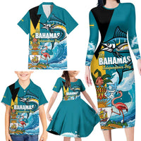 The Bahamas Independence Day Family Matching Long Sleeve Bodycon Dress and Hawaiian Shirt Bahamian Blue Marlin National Color