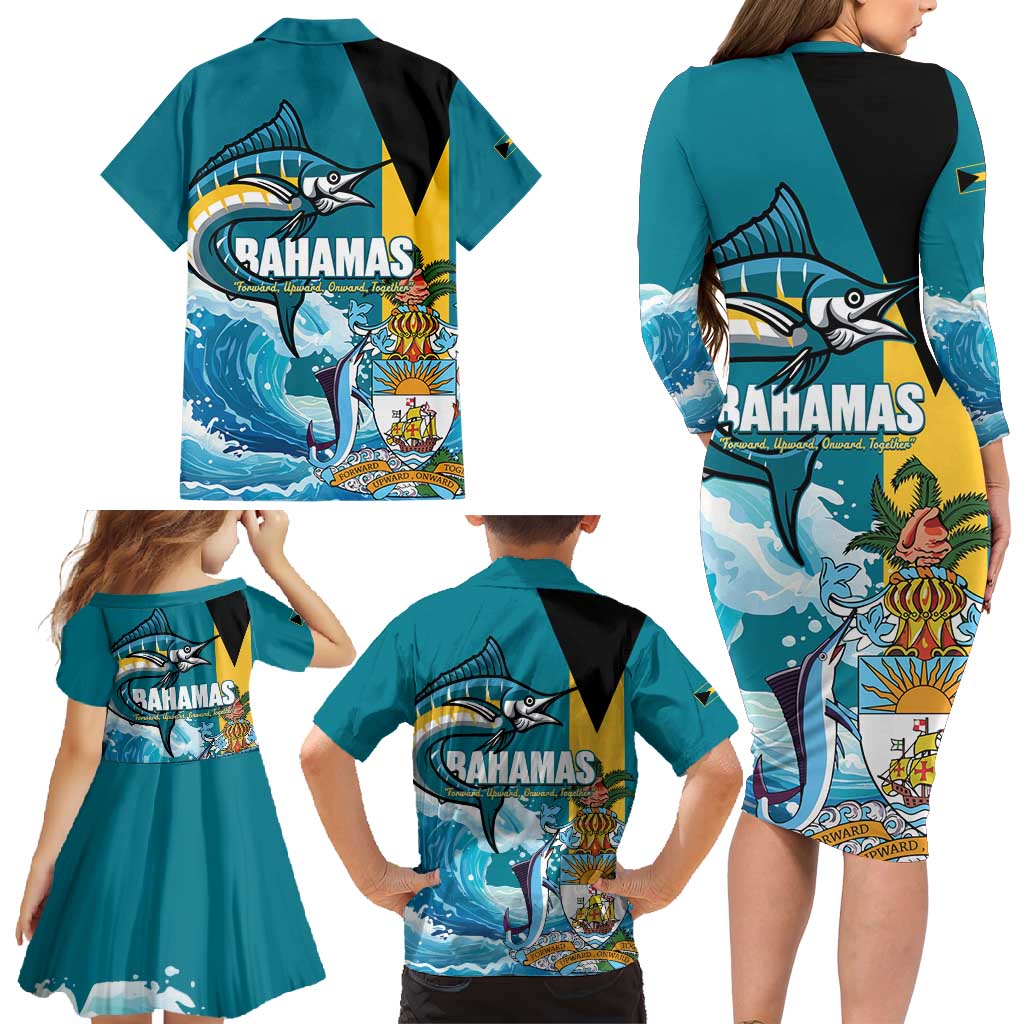 The Bahamas Independence Day Family Matching Long Sleeve Bodycon Dress and Hawaiian Shirt Bahamian Blue Marlin National Color