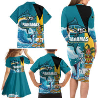 The Bahamas Independence Day Family Matching Long Sleeve Bodycon Dress and Hawaiian Shirt Bahamian Blue Marlin National Color