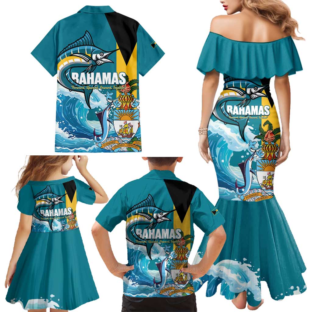 The Bahamas Independence Day Family Matching Mermaid Dress and Hawaiian Shirt Bahamian Blue Marlin National Color