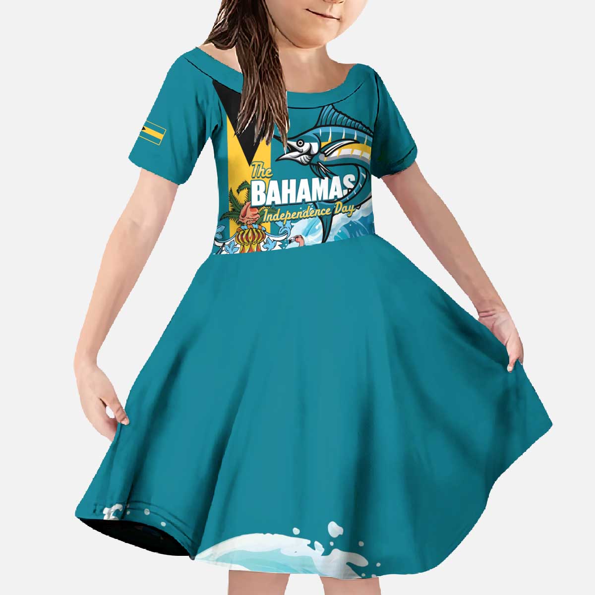 The Bahamas Independence Day Family Matching Off The Shoulder Long Sleeve Dress and Hawaiian Shirt Bahamian Blue Marlin National Color