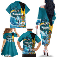 The Bahamas Independence Day Family Matching Off The Shoulder Long Sleeve Dress and Hawaiian Shirt Bahamian Blue Marlin National Color