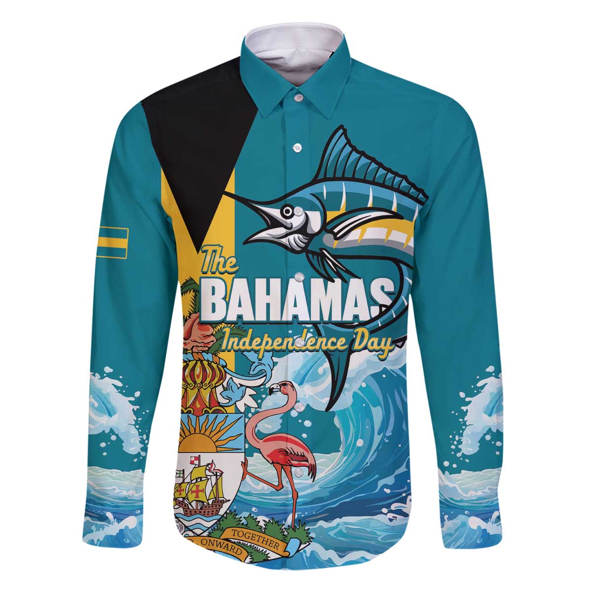 The Bahamas Independence Day Family Matching Off The Shoulder Long Sleeve Dress and Hawaiian Shirt Bahamian Blue Marlin National Color