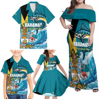 The Bahamas Independence Day Family Matching Off Shoulder Maxi Dress and Hawaiian Shirt Bahamian Blue Marlin National Color