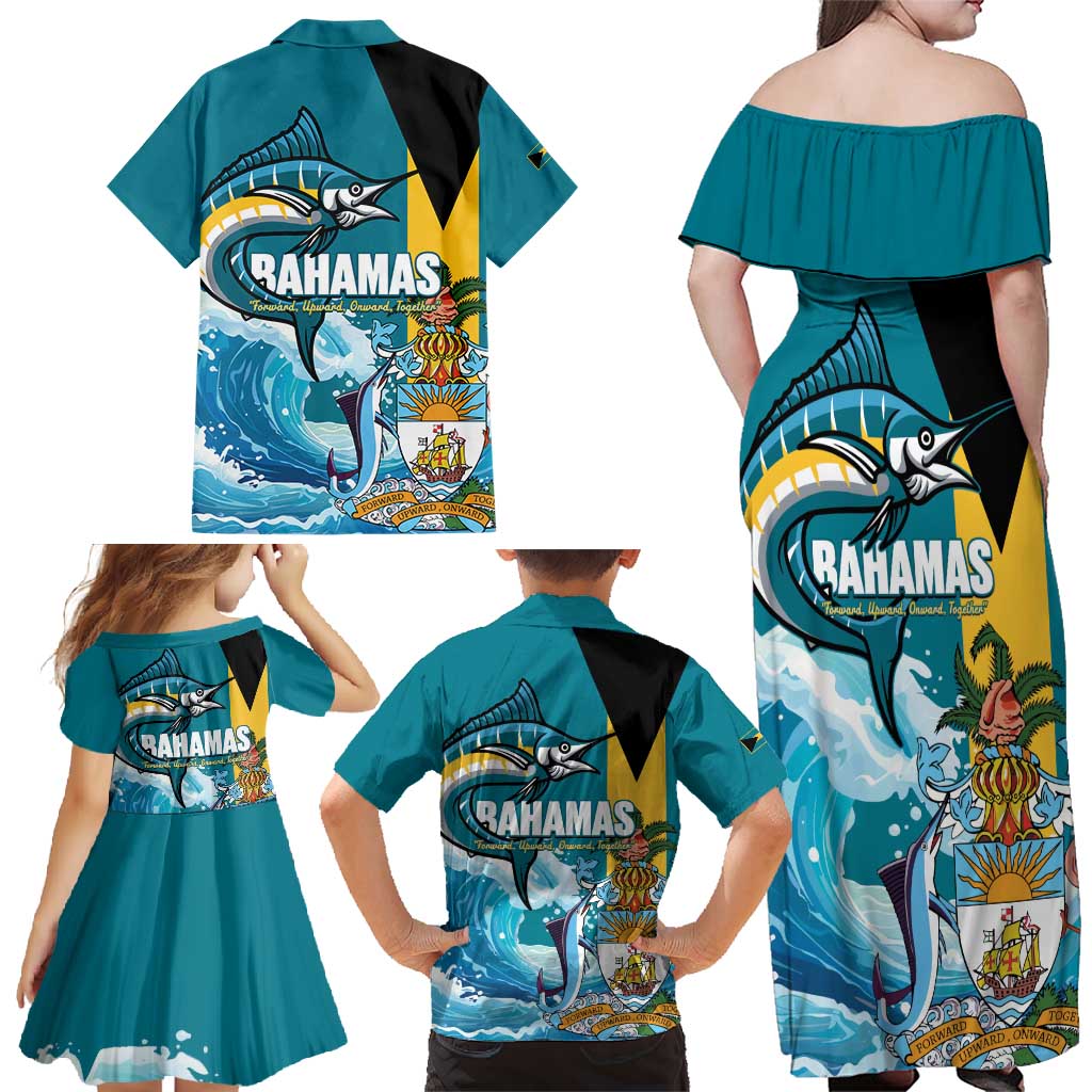 The Bahamas Independence Day Family Matching Off Shoulder Maxi Dress and Hawaiian Shirt Bahamian Blue Marlin National Color