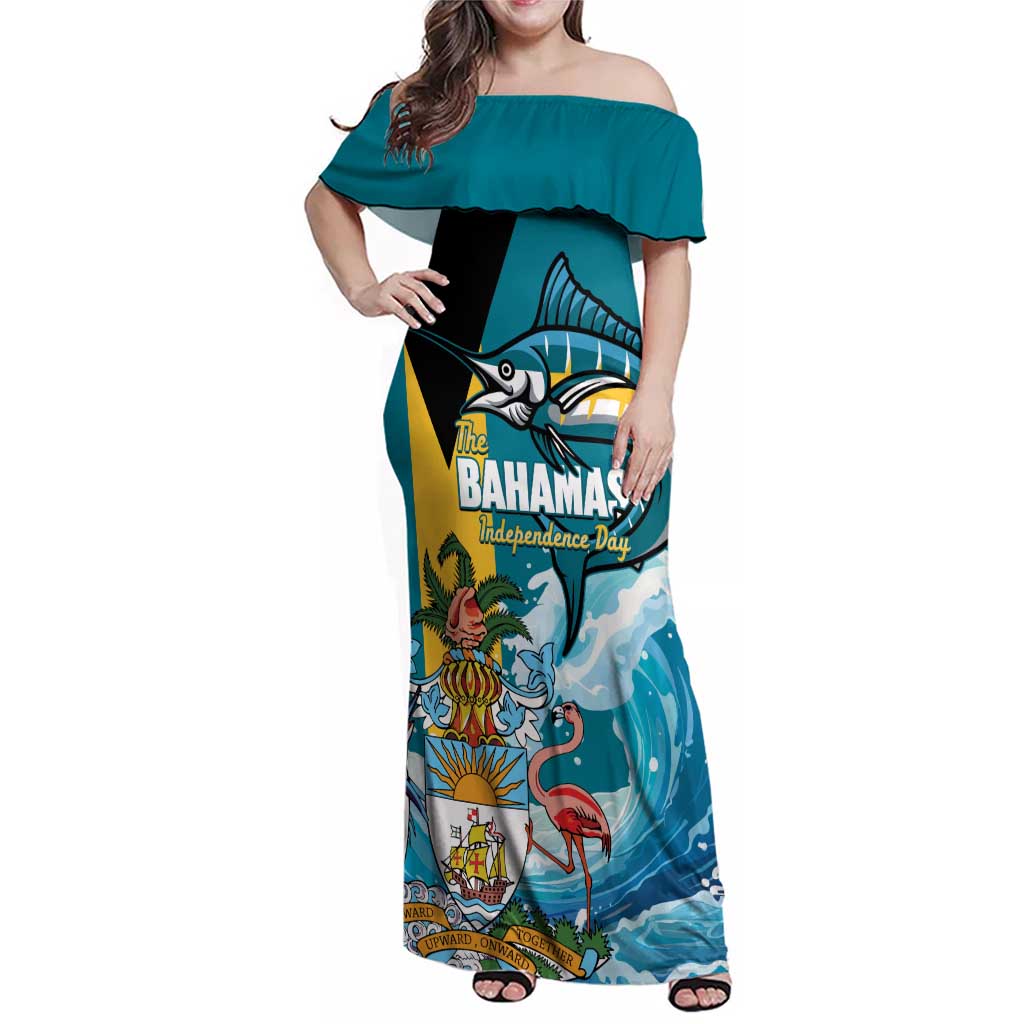 The Bahamas Independence Day Family Matching Off Shoulder Maxi Dress and Hawaiian Shirt Bahamian Blue Marlin National Color